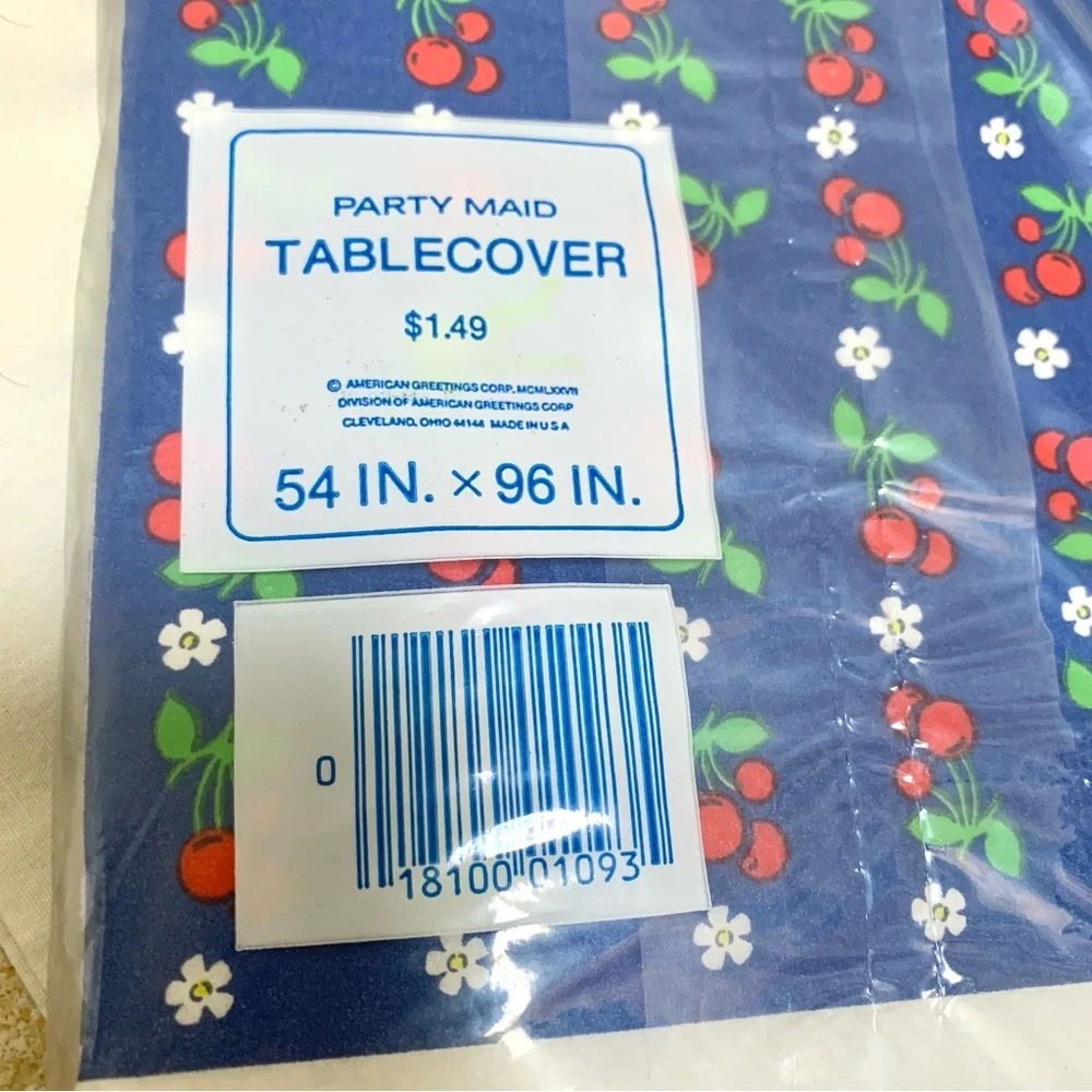 1970s blue tablecover with red cherries white daisies print by Party Maid